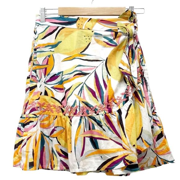 C&C California Tropical Print Embroidered Cotton Wrap Front Skirt Size Small NEW - Picture 1 of 9